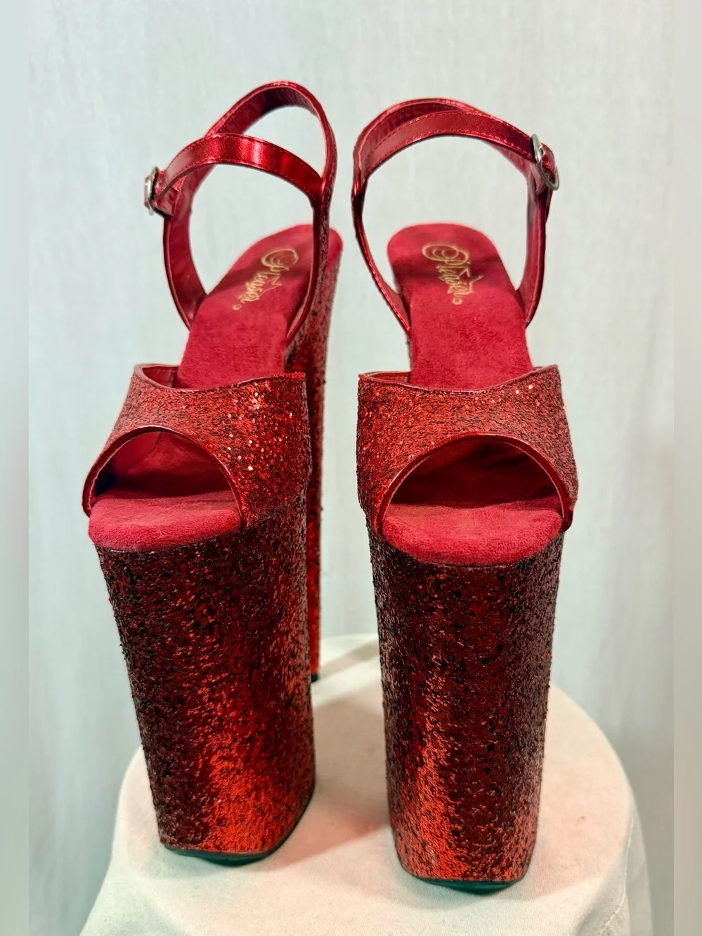 Pleaser 10” BEYOND Size 8 Red Glitter Platform dance heels with Ankle Strap